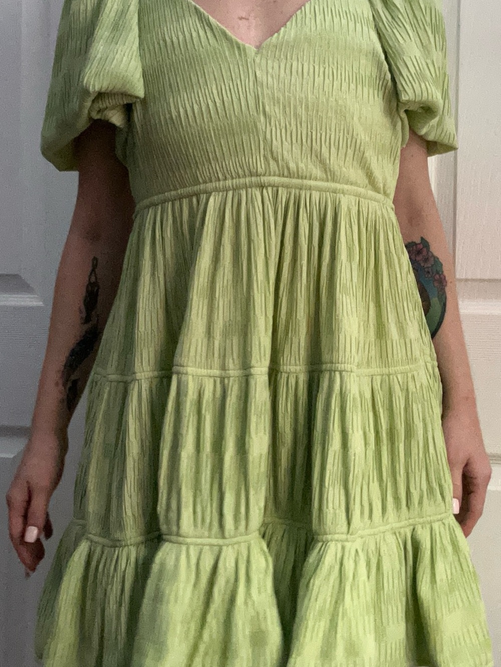 Jonathan Simkhai Light Green Tiered V-Neck Puff Sleeve Dress